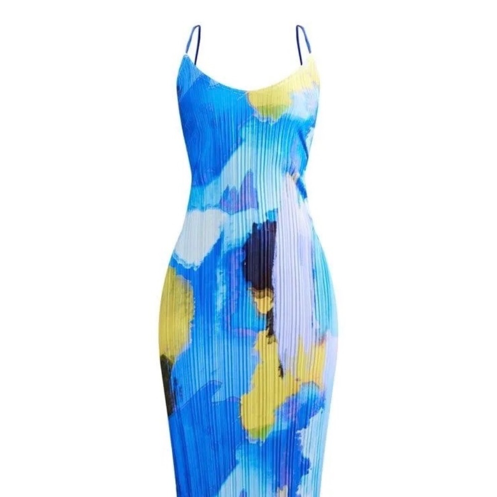 1108 NWT PrettyLittleThing Plisse Low Back Strappy Maxi Dress – Size 8 – Multi